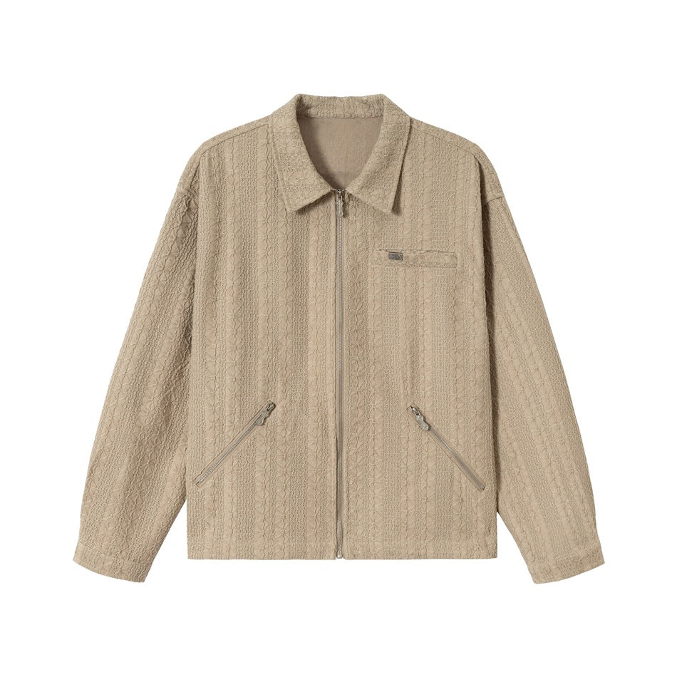 Unisex Textured Zip Blouson Jacket in Boxy Cut with Shirt Collar and Diagonal Zipper Pockets Mune Fashion