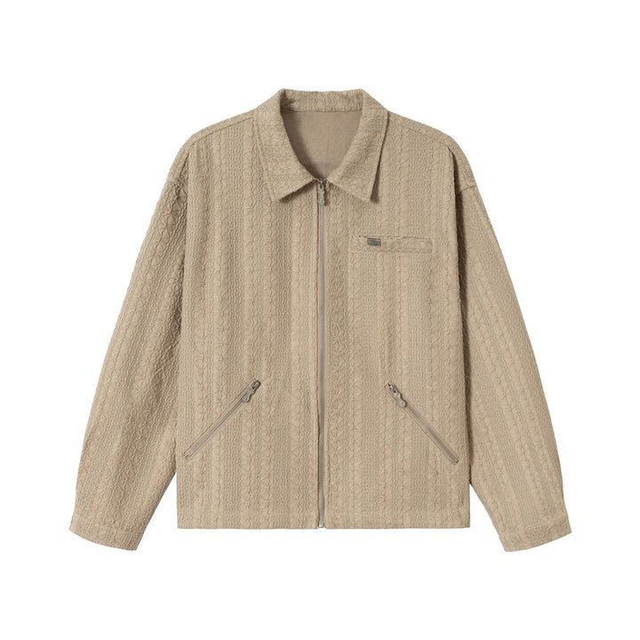 Unisex Textured Zip Blouson Jacket in Boxy Cut with Shirt Collar and Diagonal Zipper Pockets Mune Fashion