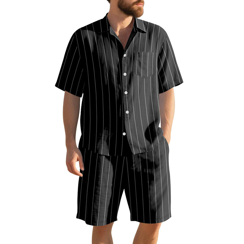Men's Short Sleeve Pajama Set with Subtle Striped Pattern and Practical Chest Pocket Mune Fashion