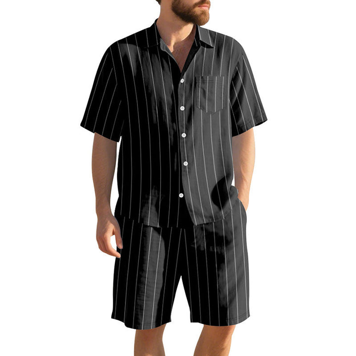 Men's Short Sleeve Pajama Set with Subtle Striped Pattern and Practical Chest Pocket Mune Fashion