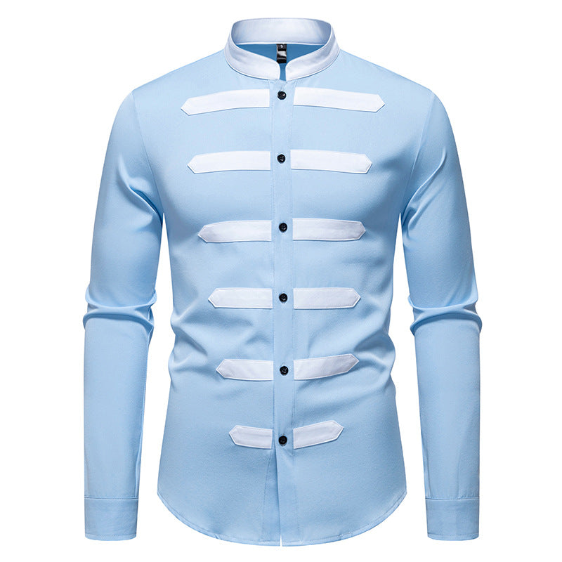 Men's Slim-Fit Shirt with Stand Collar and Decorative Piping Stripes Mune Fashion