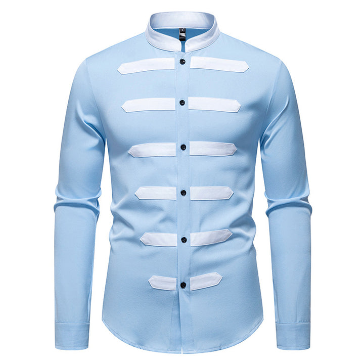 Men's Slim-Fit Shirt with Stand Collar and Decorative Piping Stripes Mune Fashion