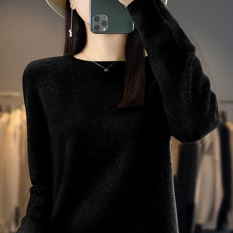 Ladies luxurious fine knit round neck sweater with soft fluffy finish and narrow cuff shape Mune Fashion