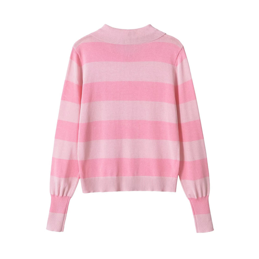 Women’s Lightweight Striped Cardigan with Polo Collar and Button Placket Mune Fashion