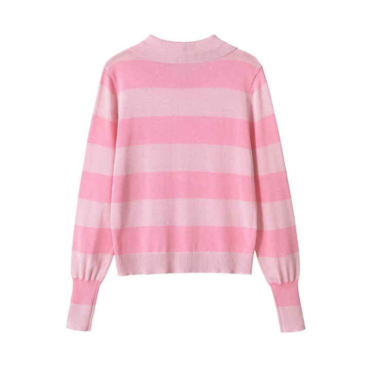 Women’s Lightweight Striped Cardigan with Polo Collar and Button Placket Mune Fashion