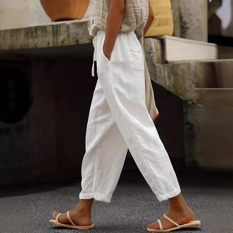 Women's casual linen pants with elastic waistband and side pockets Mune Fashion