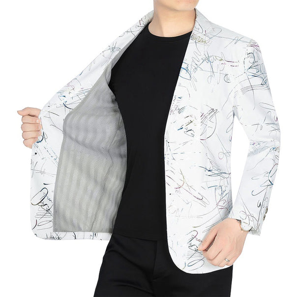 Men's Single-Breasted Casual Blazer with Artistic Scribble Print and Lightweight Lining Mune Fashion