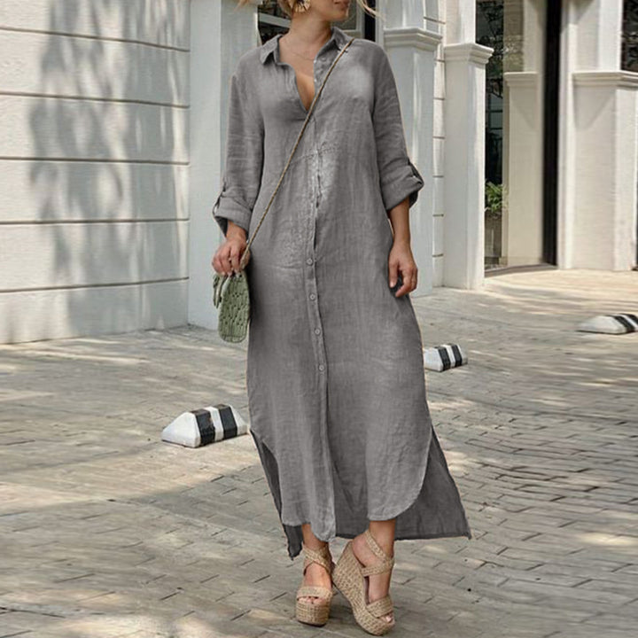 Women's button-up shirt dress with a continuous button placket, side slits, and 3/4 sleeves Mune Fashion