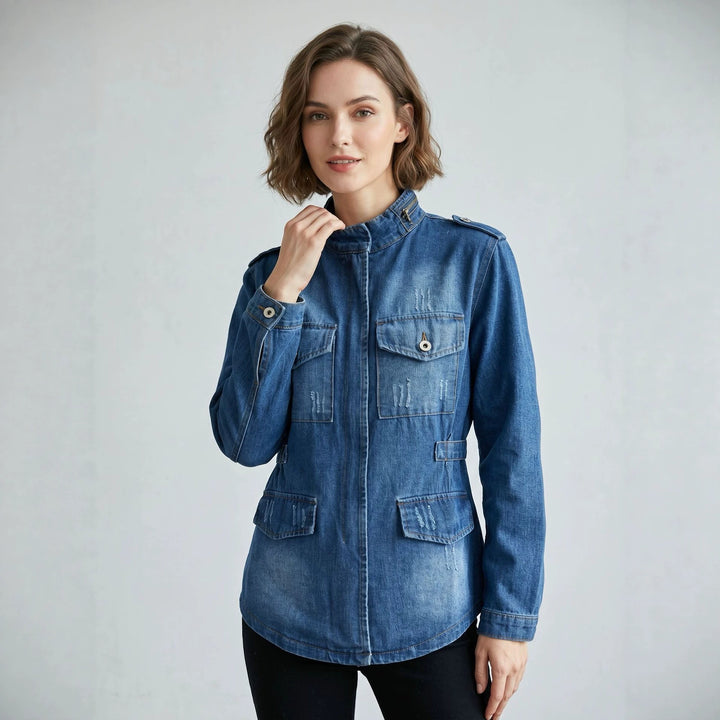 Women's tailored military denim jacket with stand-up collar, flap pockets and subtle used details Mune Fashion