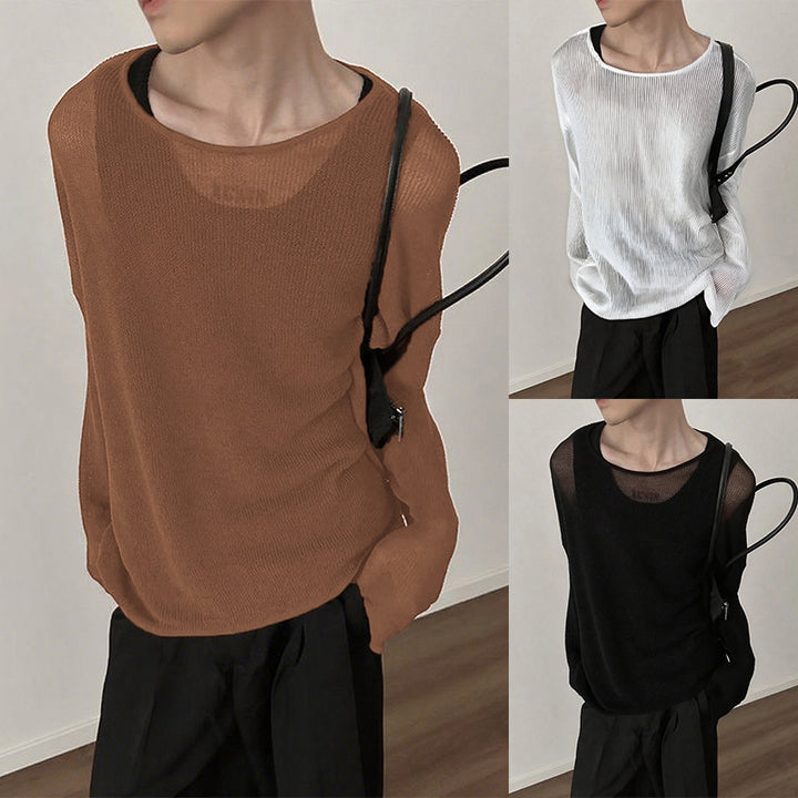 Ladies fall loose long sleeve fine knit shirt with fine ribbed pattern and round neck Mune Fashion