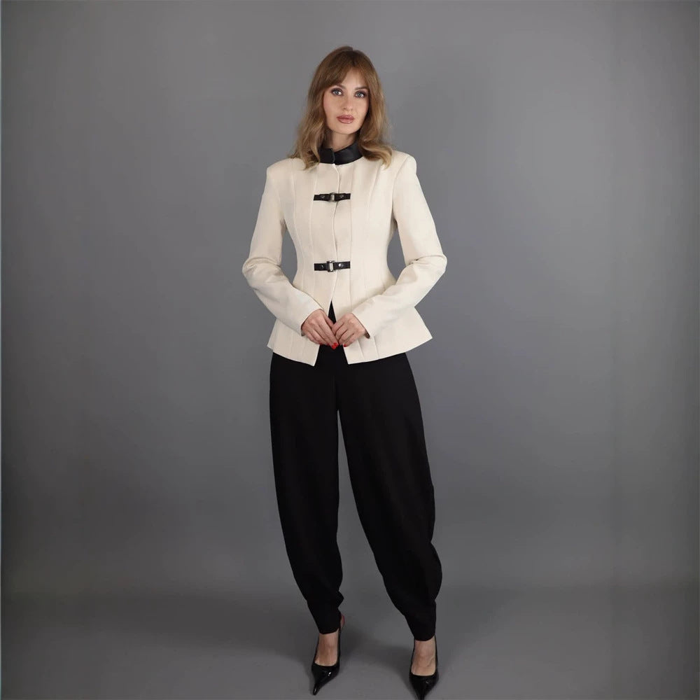 Women's Tailored Blazer with Stand-Up Collar, Waist Seams, and Decorative Strap Closures Mune Fashion