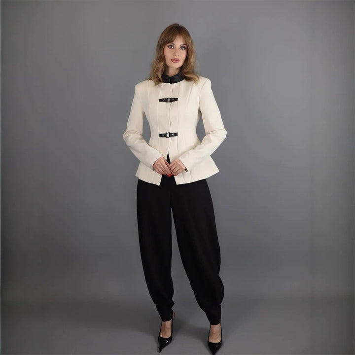 Women's Tailored Blazer with Stand-Up Collar, Waist Seams, and Decorative Strap Closures Mune Fashion