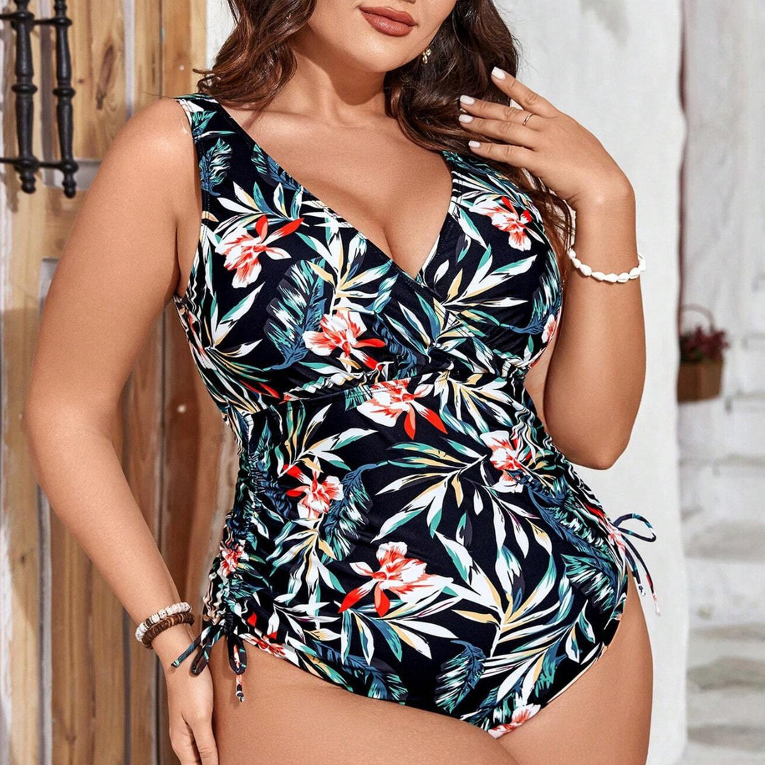Womens One-Piece Swimsuit with Floral Wrap Design and Figure-Shaping Gatherings Mune Fashion