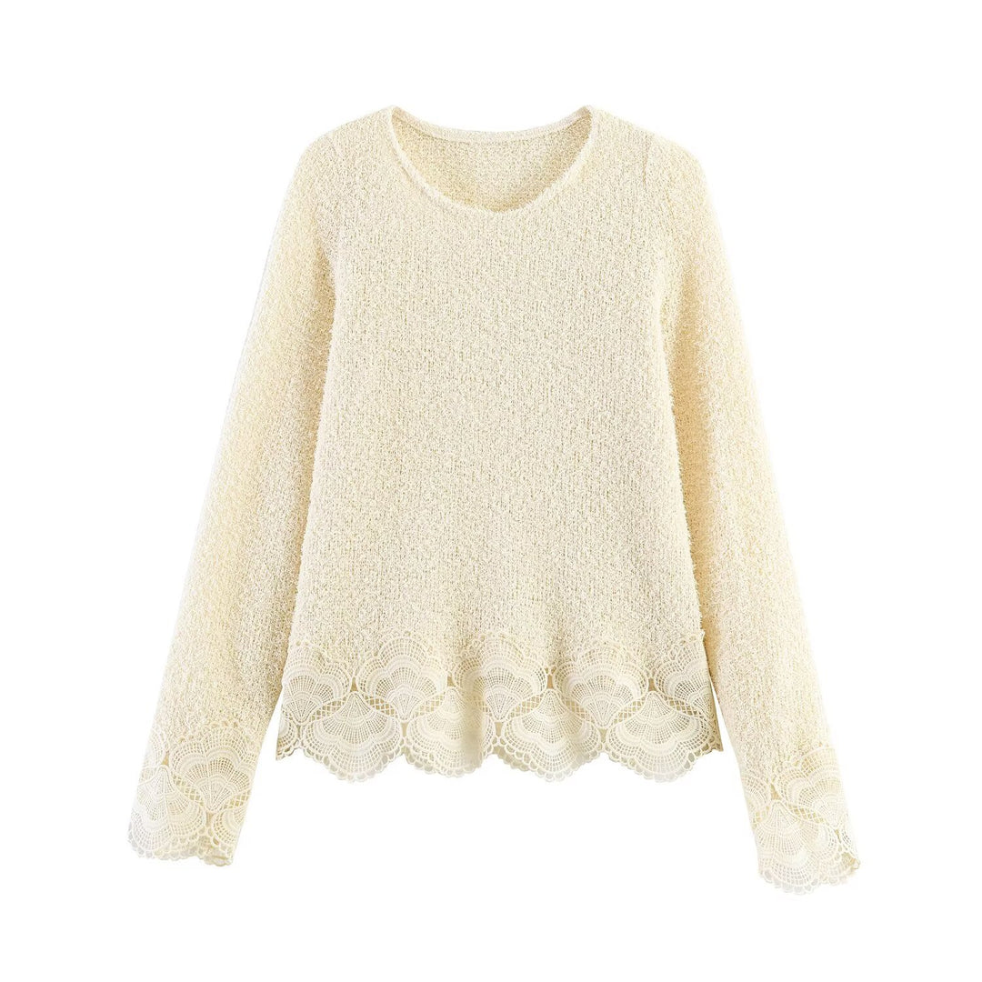 Women Boucle Knit Sweater with Lace Trim and Wavy Hem Mune Fashion