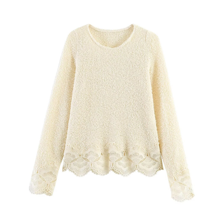 Women Boucle Knit Sweater with Lace Trim and Wavy Hem Mune Fashion