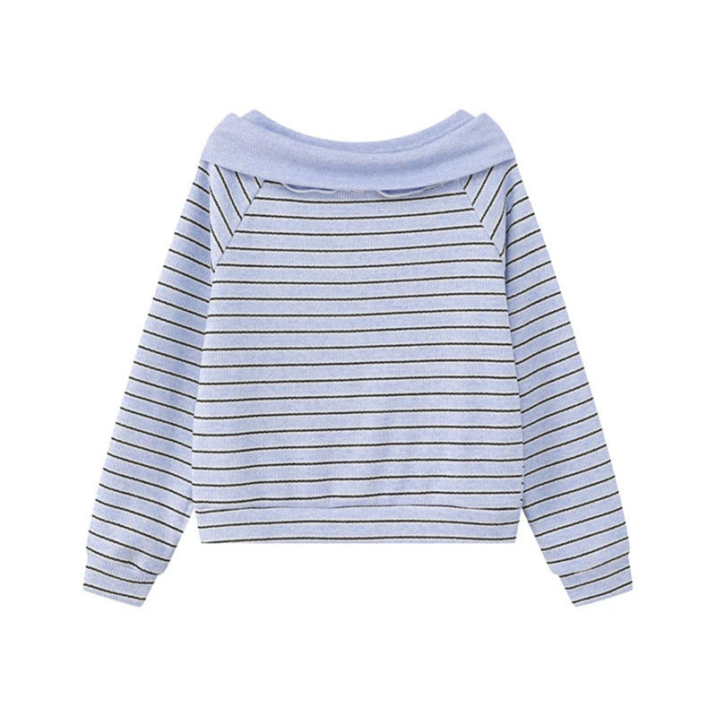 Women's Knitted Short Sweater with Off-Shoulder Cut, Bow Detail and Horizontal Striped Pattern Mune Fashion