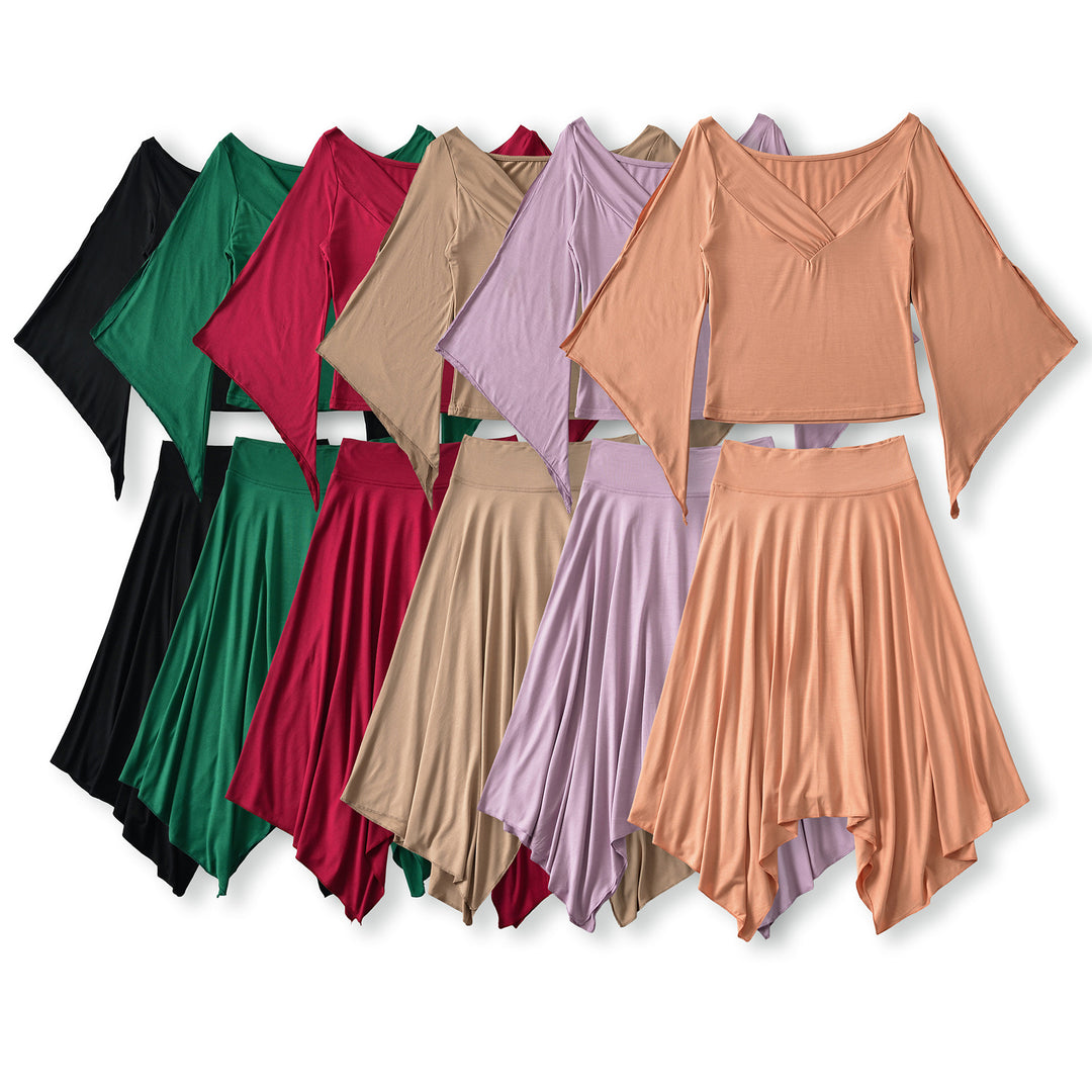 Women's Two-Piece Set with Draped Top with Bat Sleeves and Asymmetrical Flared Skirt Mune Fashion