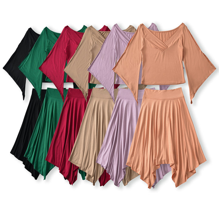 Women's Two-Piece Set with Draped Top with Bat Sleeves and Asymmetrical Flared Skirt Mune Fashion
