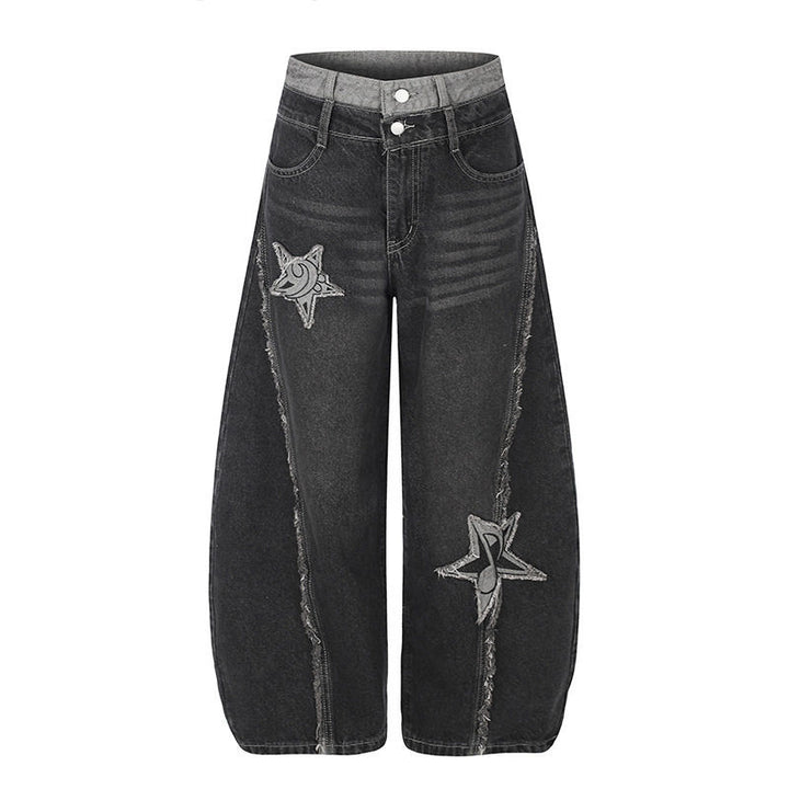 Women's High-Waist Wide Denim Culotte with Star Appliqués and Fringe Detail