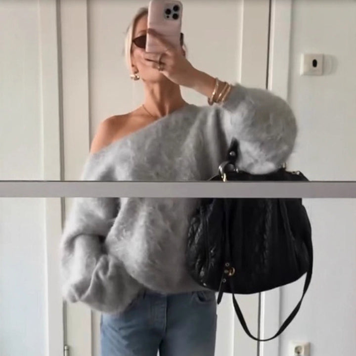 Women Oversize Mohair Blend Off-Shoulder Sweater with Balloon Sleeves Mune Fashion
