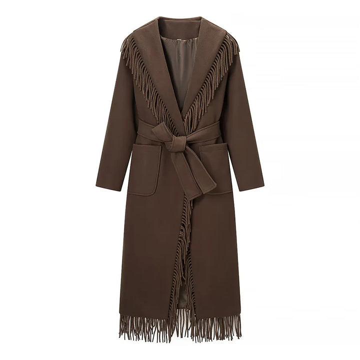 Ladies long fringed coat with voluminous shawl collar, waist belt and patch pockets Mune Fashion