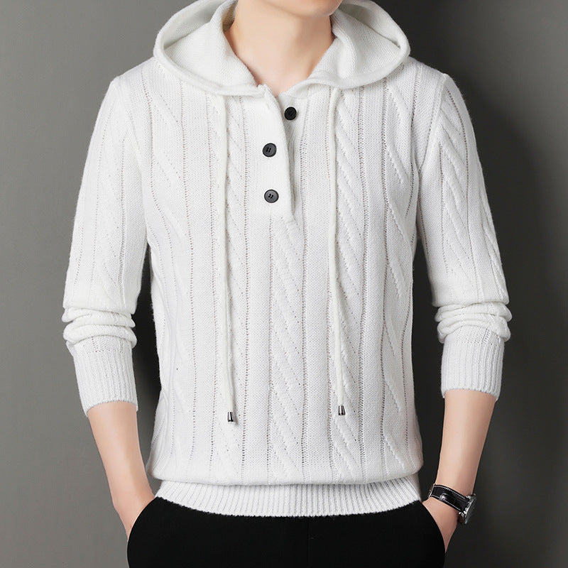 Men's fine knit hoodie with cable pattern, half placket and drawstring Mune Fashion