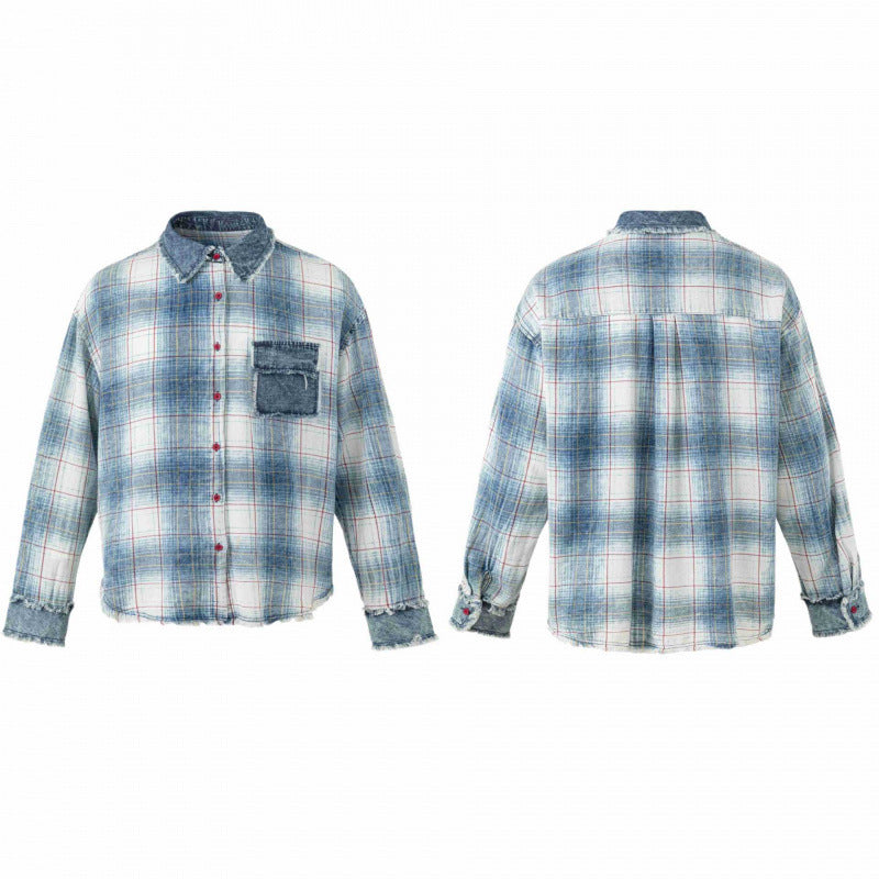 Unisex Checked Overshirt in Used Look with Fringes, Denim Collar and Patch Chest Pocket Mune Fashion