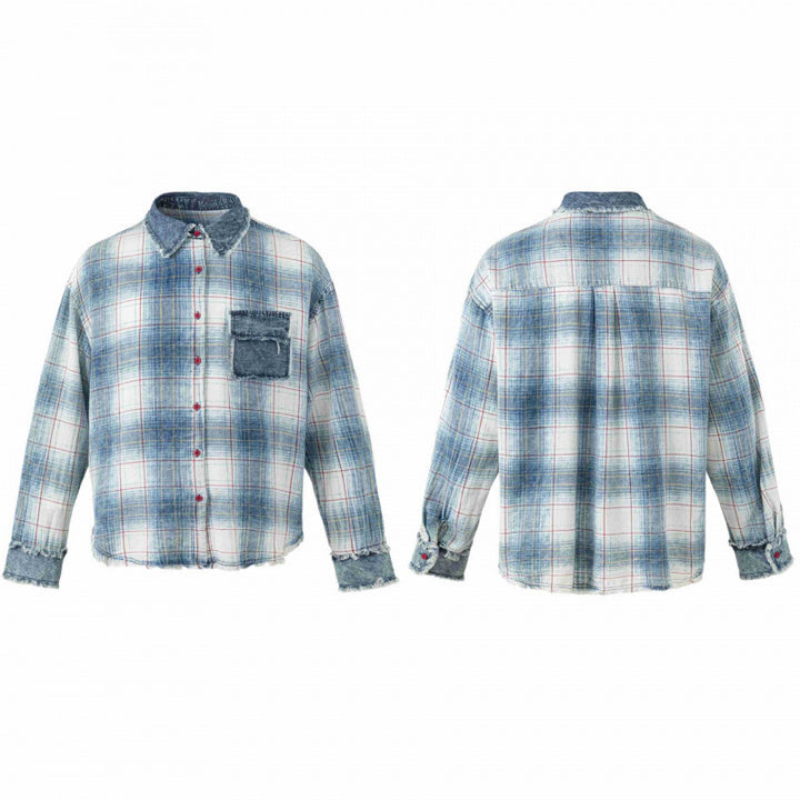 Unisex Checked Overshirt in Used Look with Fringes, Denim Collar and Patch Chest Pocket Mune Fashion