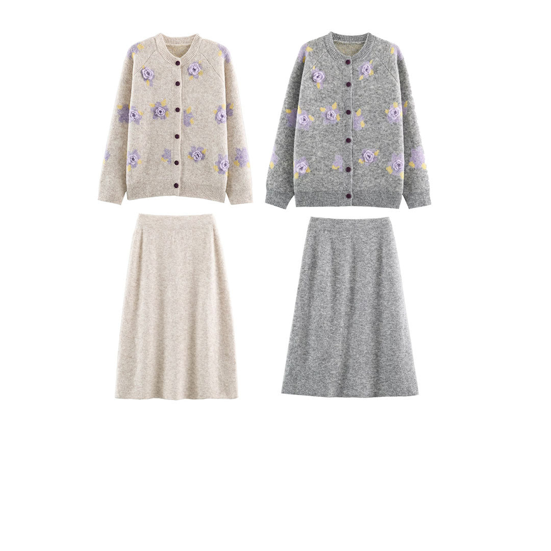Women's Fine Knit Two-Piece Cardigan with Floral Jacquard and Tailored A-Line Knit Skirt Mune Fashion