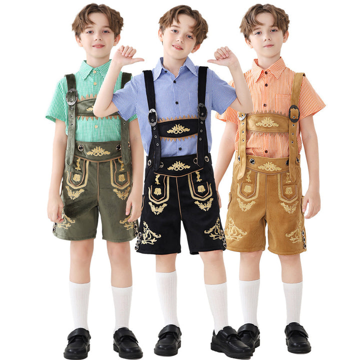 Unisex traditional children's leather trousers with adjustable suspenders and elaborate embroidery Mune Fashion