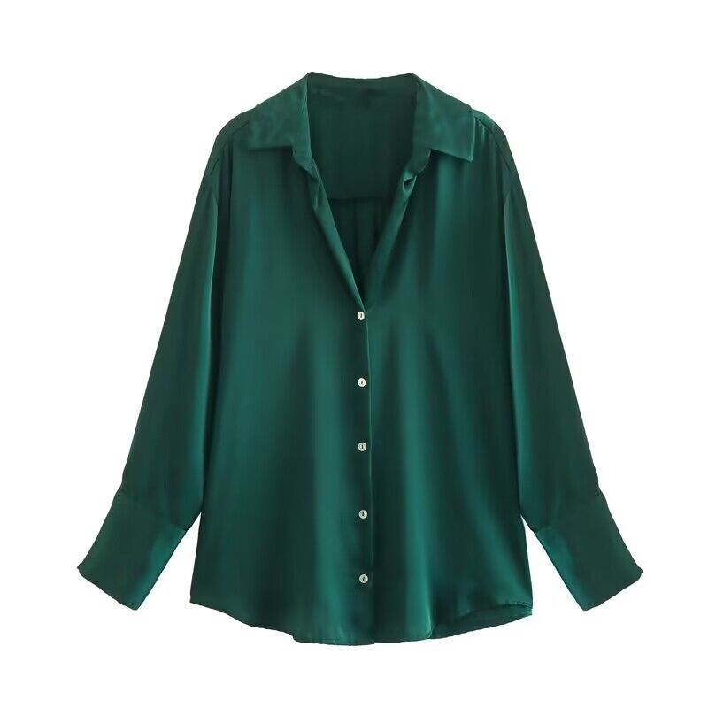 Ladies Oversized Satin Blouse with Shirt Collar and Wide Cuffs Mune Fashion