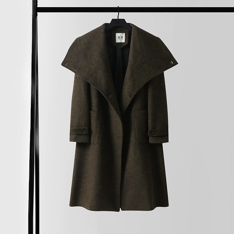 Women Maxi Length Wool Blend Coat with Oversized Shawl Collar and Patch Pockets Mune Fashion