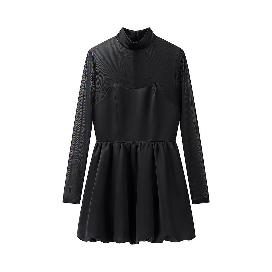 Women's Short Evening Dress with Stand Collar, Transparent Mesh Sleeves and Corset Look Mune Fashion