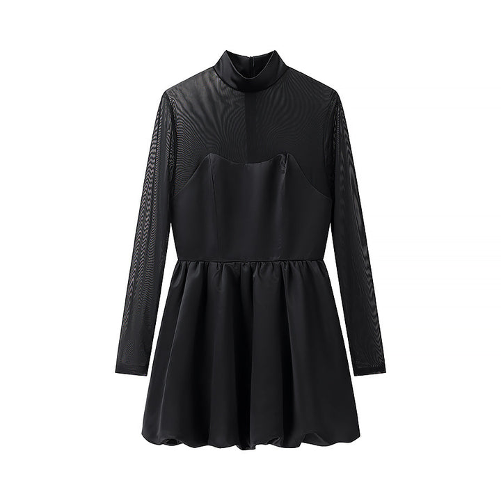 Women's Short Evening Dress with Stand Collar, Transparent Mesh Sleeves and Corset Look Mune Fashion