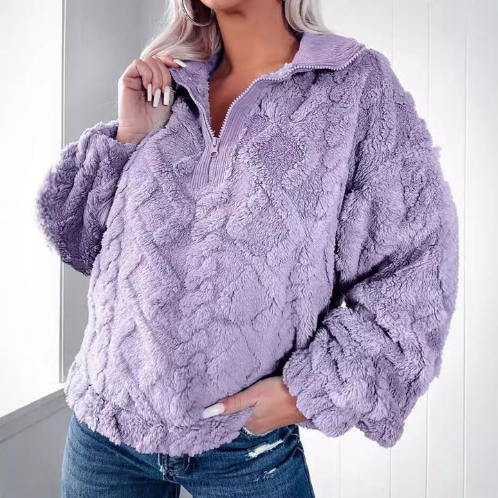 Women's plush Sherpa pullover with half zipper, stand-up collar, and oversized silhouette Mune Fashion