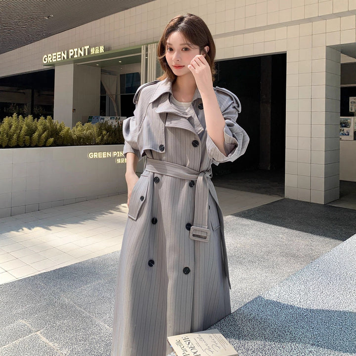 Women Elegant Maxi Long Pinstripe Trench with Shoulder Pads and Gathered Sleeves Mune Fashion