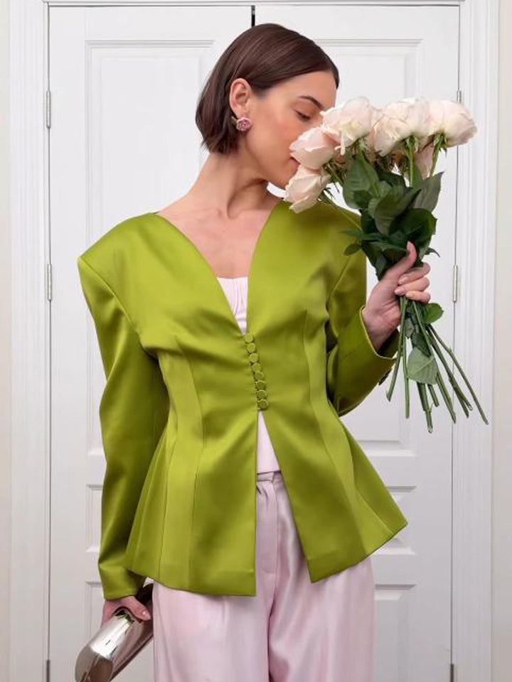 Women's Tailored Satin Blazer with Emphasized Peplum and Decorative Button Placket Mune Fashion