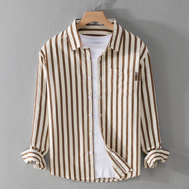 Men's Loose Shirt in Vertical Stripe Pattern made of Lightweight Cotton Blend with Kent Collar and Chest Pocket Mune Fashion