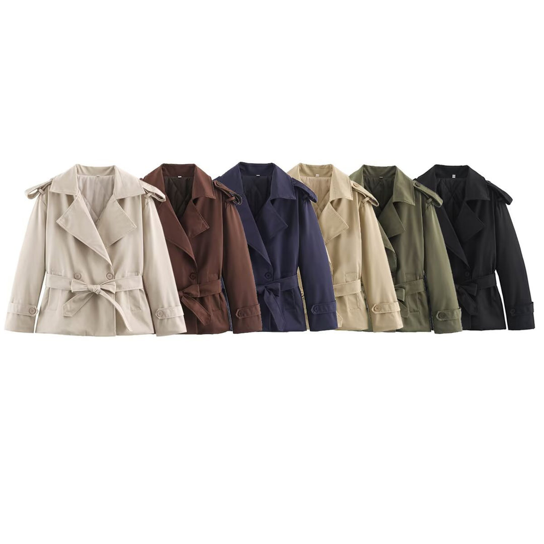 Women's Tailored Short Trench Coat with Tie Belt and Shoulder Patches Mune Fashion