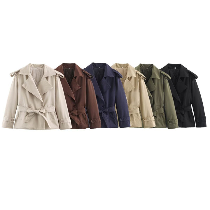 Women's Tailored Short Trench Coat with Tie Belt and Shoulder Patches Mune Fashion