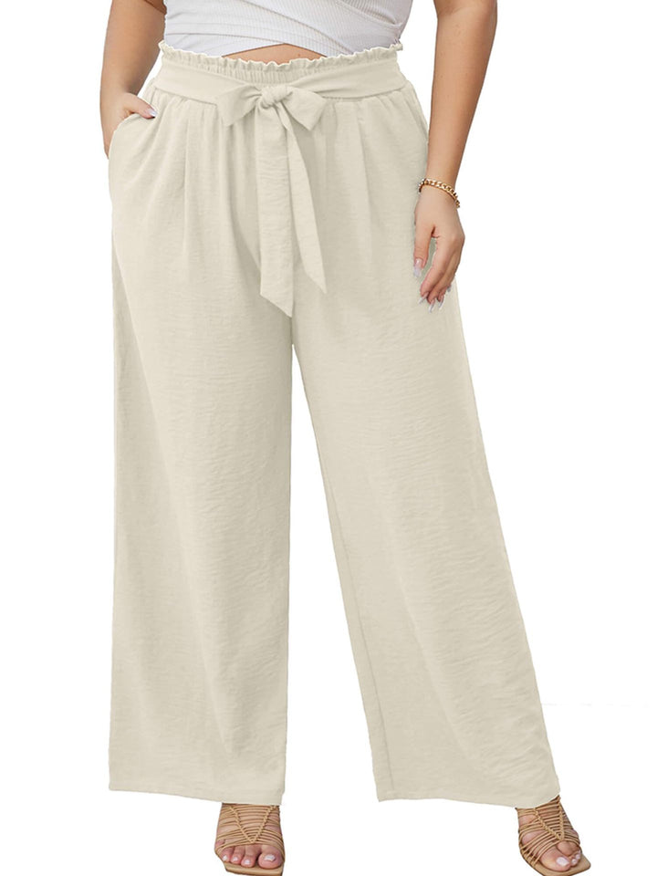Women's paperbag pants with wide leg, elastic waistband, tie belt, and side pockets Mune Fashion
