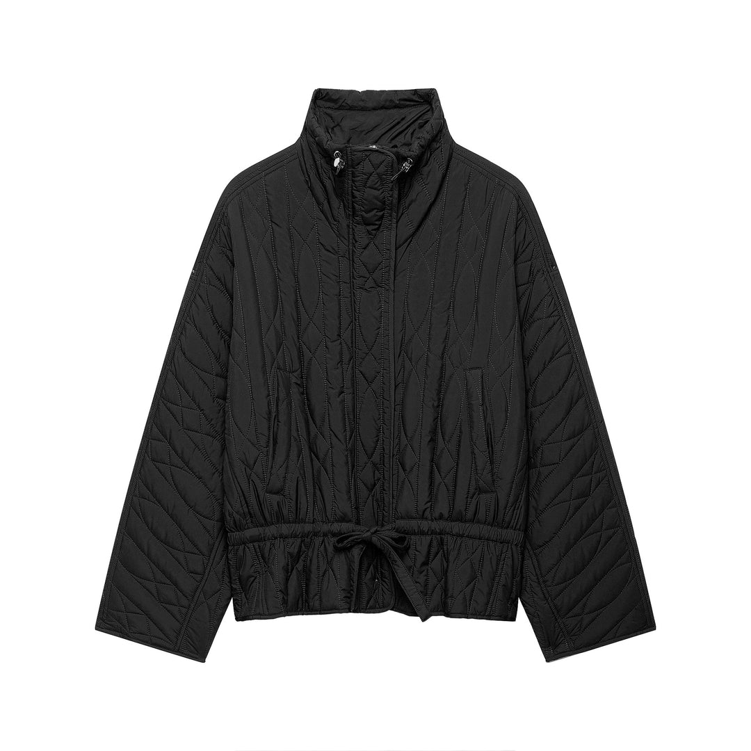 Women's short padded jacket with high stand collar, drawstring waist and oversized sleeves Mune Fashion