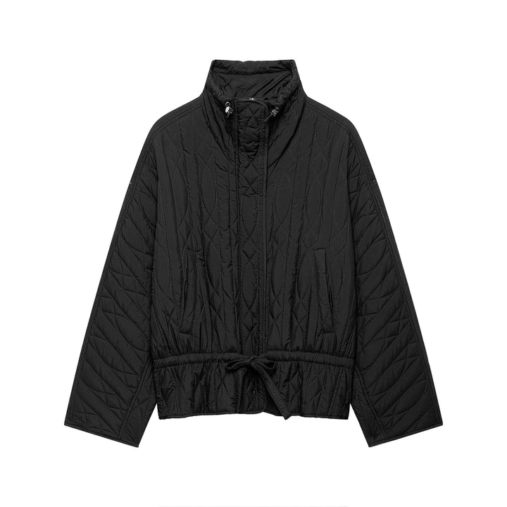 Women's short padded jacket with high stand collar, drawstring waist and oversized sleeves Mune Fashion