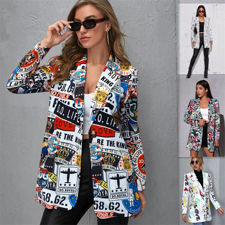 Women's Printed Long Blazer with Graphic Street Art Pattern and Tailored Fit Mune Fashion