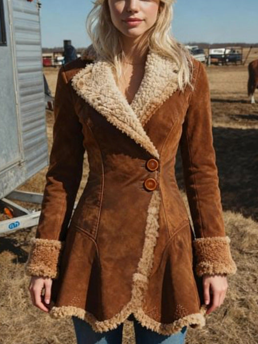 Women's Tailored Suede Imitation Coat with Teddy Lining and Flared Hem Mune Fashion