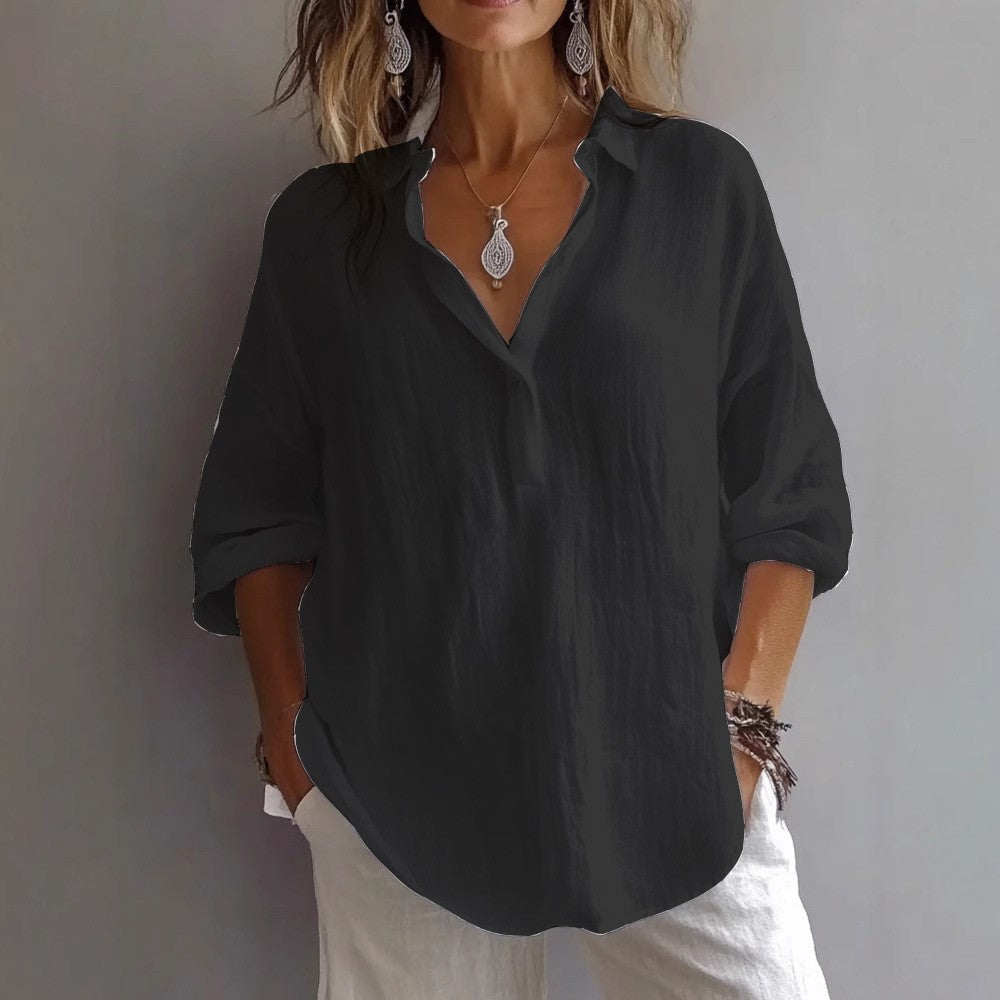 Women's Casual Linen Shirt with Button Placket and Wide Sleeves Mune Fashion