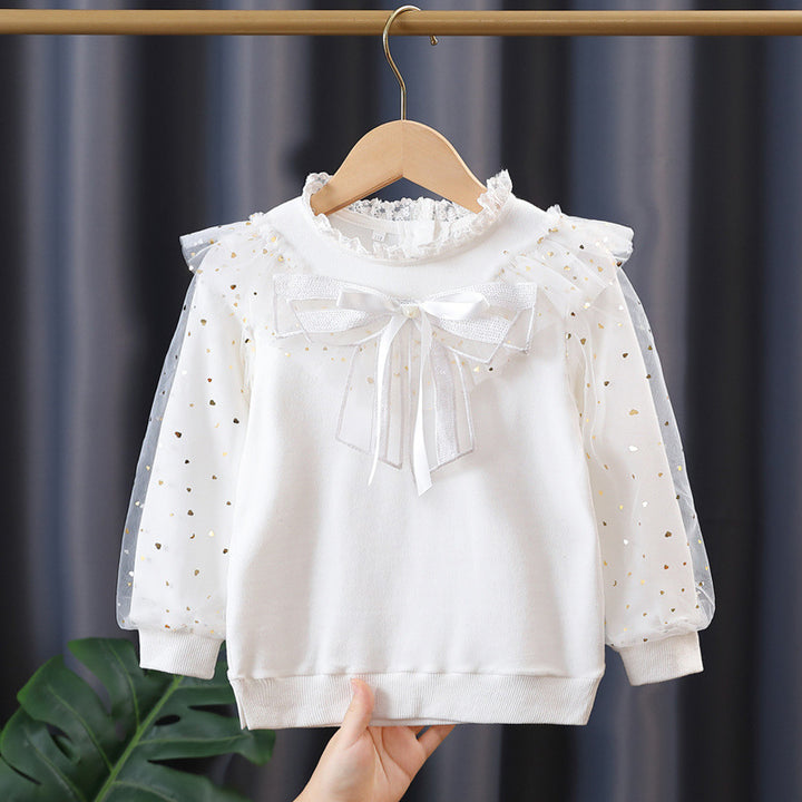 Girls' fashionable sweatshirt with decorative tulle sleeves and bow details Mune Fashion