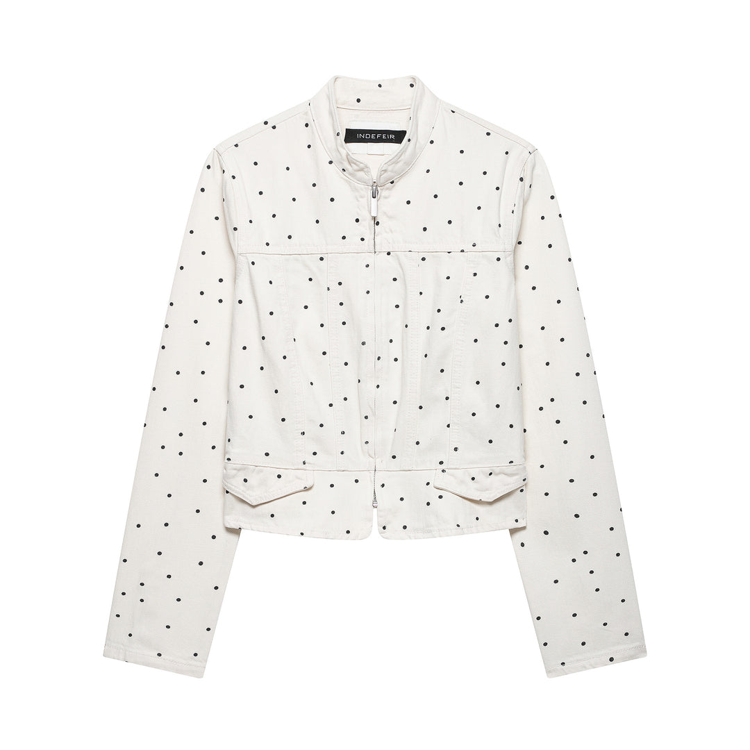 Women's Polka Dot Cropped Denim Jacket with Stand-up Collar, Zipper and Flap Pockets Mune Fashion