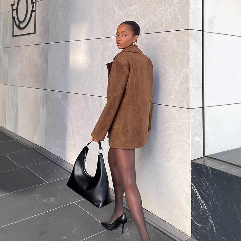 Women Short Suede Blazer Coat with Boxy Oversized Silhouette and Lapel Collar Mune Fashion