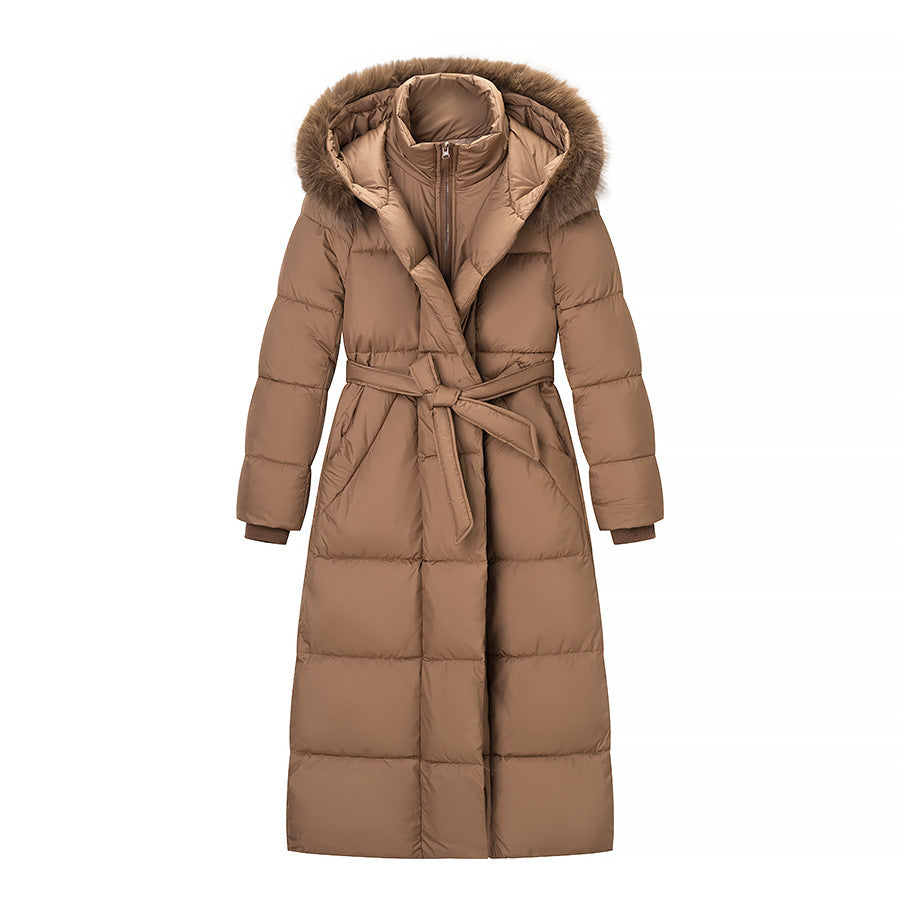Women’s Quilted Longline Coat with Hood and Waist Belt Mune Fashion